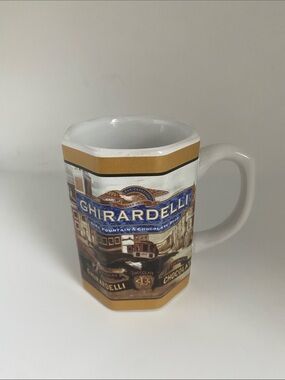 Ardell White, Gold brown and Blue Ghirardelli Logo Ceramic Mug